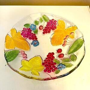 Vintage SOGA GLASS or Mikasa Large Bowl Leaves Grapes Strawberries Cherries